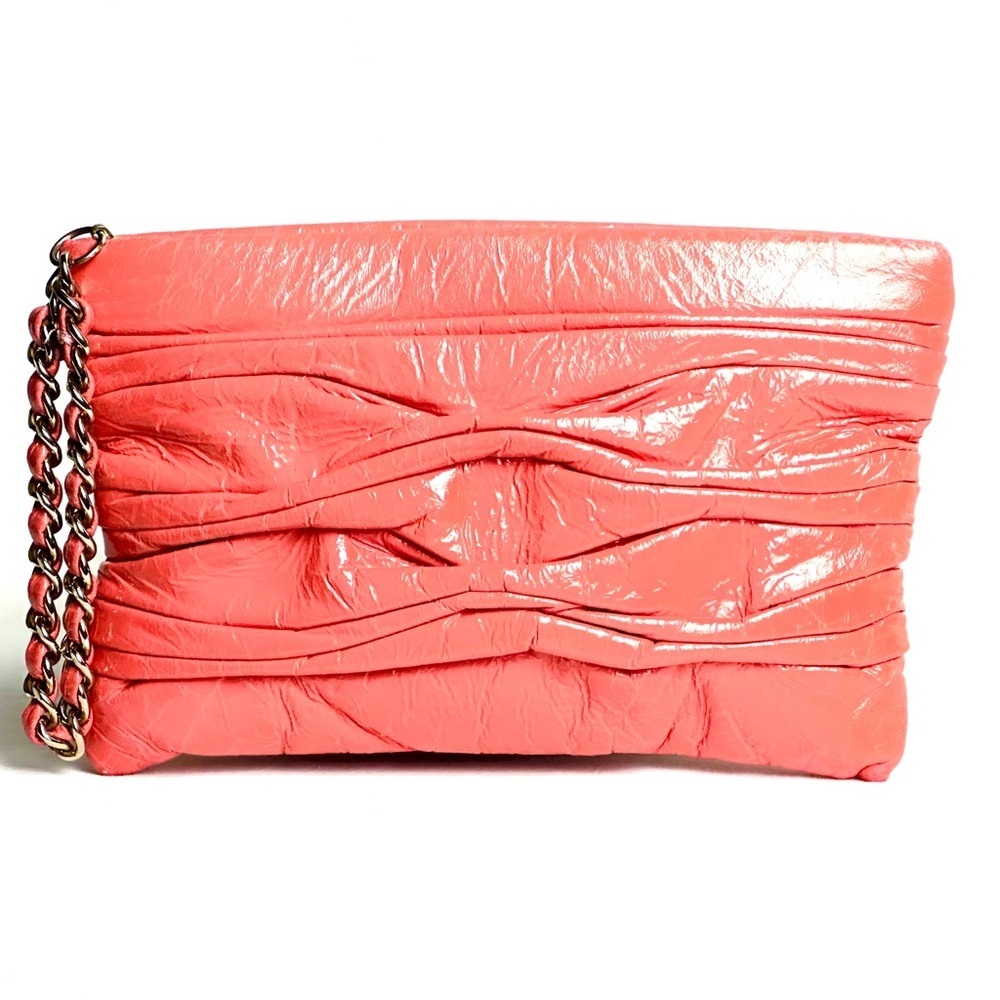 Onna Ehrlich Patent Leather Wristlet in Salmon with Chain Detail - Picture 2 of 12